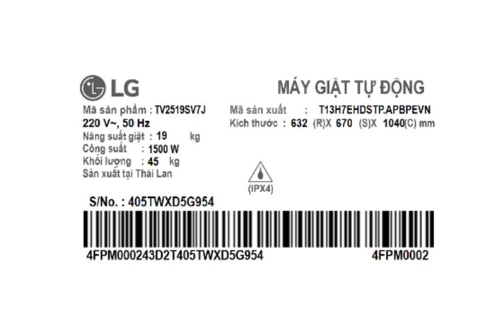 Máy giặt LG Lồng đứng AI DD Inverter 19 kg TV2519SV7J